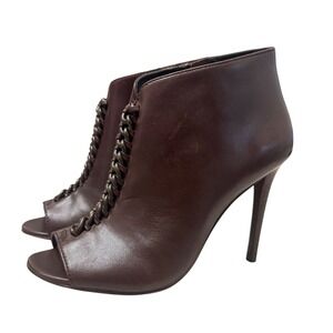 Coach Olie Peep Toe Chain Booties Women 6B Dark Brown Stiletto‎ Leather Zip